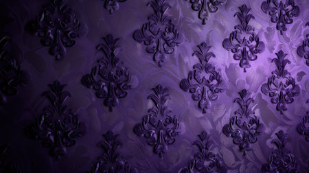 This image features an elegant purple damask pattern with intricate design elements, perfect for highlighting luxury and sophistication in interiors.の素材
