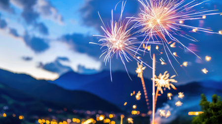 Captivating fireworks explode in the dusk sky over majestic mountains, creating a colorful celebration. Sparkles light up the serene atmosphere, perfect for events.の素材