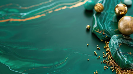 This stunning image showcases an elegant green marble surface adorned with shimmering gold accents and decorative ornaments, perfect for creating luxurious backgrounds.の素材
