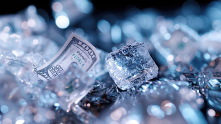 A close-up shot of a dollar bill partially submerged in sparkling ice cubes, symbolizing the concept of liquidity and the intersection of finance and cold assets.の素材