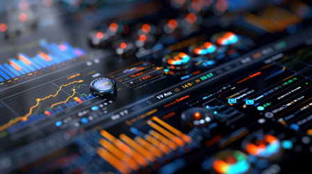 This image showcases a detailed digital dashboard filled with financial data, featuring graphs, metrics, and statistics that reveal trends and insights.の素材