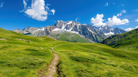 Breathtaking view of majestic mountains adorned with snow, surrounded by lush greenery and a tranquil pathway, inviting adventure and exploration.の素材