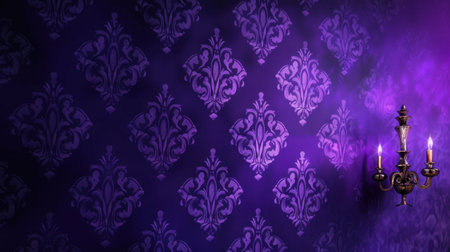 This stunning purple damask wallpaper showcases an elegant design, paired with a vintage sconce that exudes charm and sophistication, perfect for interior decor.の素材