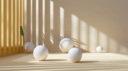 This serene minimalist interior scene features white spheres casting soft shadows on a warm neutral background, creating a tranquil atmosphere.の素材