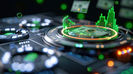This image showcases a modern financial technology concept, featuring digital currency elements, monetary growth graphs, and investment opportunities, symbolizing future advancements.の素材