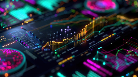 This vibrant and colorful data visualization image features various graphs, charts, and metrics on a digital interface, representing modern analytics for business intelligence.の素材