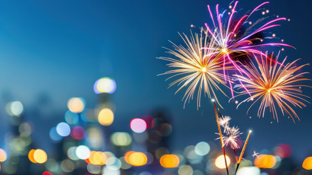 A captivating fireworks display illuminates the night sky above a bustling city skyline, creating a festive atmosphere perfect for celebrations and events.の素材