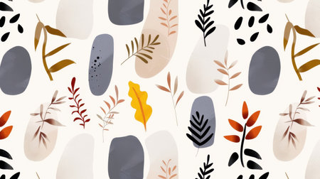 This captivating abstract pattern showcases colorful leaves and organic shapes, perfect for modern decor and artistic inspiration in various design projects.の素材
