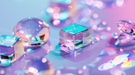 This captivating image features a collection of glass shapes reflecting vibrant colors and sparkling lights against a soft gradient backdrop.の素材