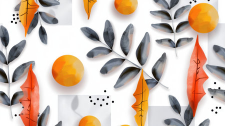 Vibrant abstract pattern featuring orange spheres and colorful leaves on a clean white background. Perfect for creative projects or textile design.の素材