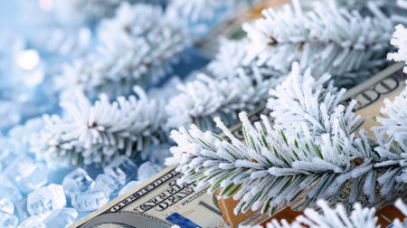 A beautiful close-up of frosted pine branches arranged around bundles of currency, creating a sparkling winter scene. Perfect for holiday themes.の素材