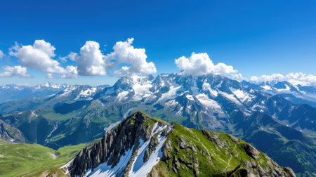 Breathtaking view of a majestic mountain range showcasing snow-capped peaks and lush green hills under a clear blue sky with fluffy white clouds.の素材