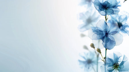 This image features exquisite blue flowers with translucent petals gracefully arranged on a soft pastel background. Perfect for design projects needing a touch of elegance.の素材