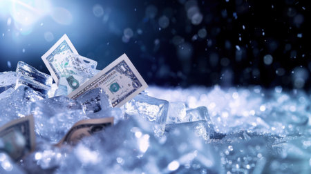 A captivating image featuring dollar bills resting on ice cubes, illuminated by a soft blue light and surrounded by shimmering water droplets, symbolizing wealth.の素材