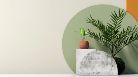 A stylish interior scene featuring geometric shapes and greenery perfect for a minimalist aesthetic. This design showcases a harmonious blend of nature and modern decor.の素材