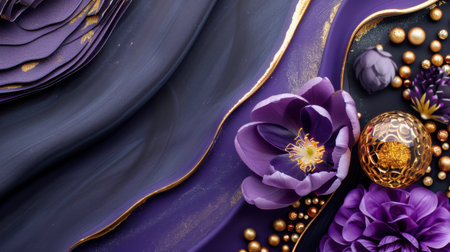 A stunning artistic arrangement featuring rich purple flowers, decorative elements, and elegant textures. Ideal for creative projects and luxurious designs.の素材