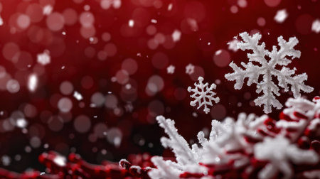 A captivating scene featuring delicate snowflakes gracefully falling against a warm red background. Ideal for winter-themed projects, this image evokes the festive spirit and captures the beauty of the season.の素材