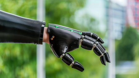 Close-up view of an advanced robotic hand featuring intricate mechanics, showcasing innovation and the future of robotics technology in design and functionality.の素材