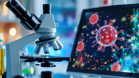 A detailed view of an advanced microscope focusing on a monitor showing a vibrant virus cell, symbolizing modern scientific research in healthcare.の素材