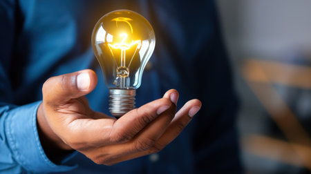A person holds a glowing light bulb in their hand, symbolizing innovation and bright ideas in a contemporary business setting, emphasizing creativity and inspiration.の素材