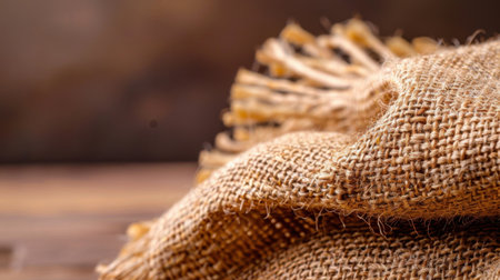 This image features a close-up view of textured burlap fabric with decorative fringes, perfectly capturing its rustic charm and warmth. Ideal for projects.の素材