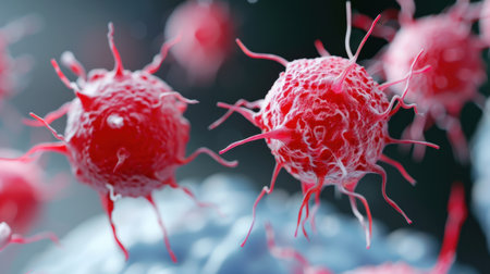 A striking close-up image showcasing red microscopic cells, highlighting their intricate structure and texture, suitable for educational and scientific purposes.の素材