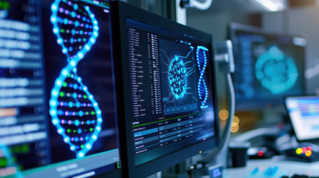 This image showcases a modern laboratory environment featuring advanced digital displays focused on genetic research and data visualization.の素材