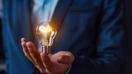 A businessman holds a glowing light bulb in his hand, symbolizing innovation and creativity in a modern corporate setting, inspiring new ideas.の素材