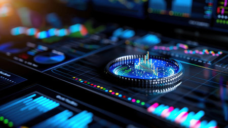 A captivating digital representation of data analytics showcasing charts and graphs, indicating financial trends within a modern workspace environment.の素材