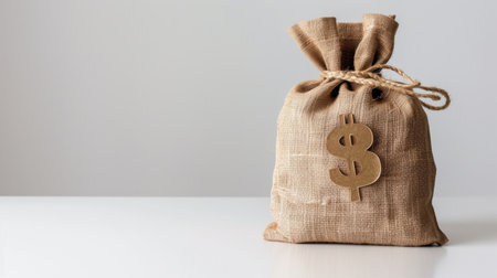 A rustic burlap sack featuring a dollar sign symbolizes savings and finance. Ideal for business-related visuals that focus on money and wealth.の素材
