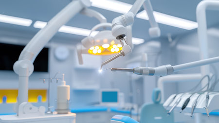 This image captures a modern dental clinic interior, highlighting advanced surgical tools and high-tech equipment designed for oral health care and treatments.の素材