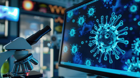 A modern laboratory scene featuring a microscope alongside a computer screen, displaying an intricate digital representation of viruses, showcasing scientific research and innovation.の素材