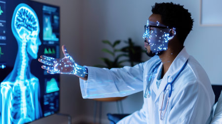 A medical professional interacts with an advanced digital screen displaying human anatomy, showcasing innovative technology in healthcare and medical analysis.の素材