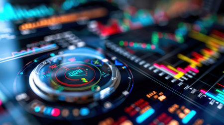 A visually striking representation of data analytics featuring interactive graphs and charts, showcasing modern technology in business intelligence applications.の素材