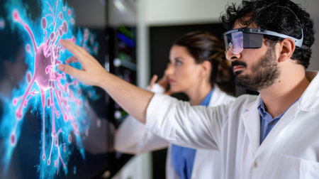 A scientist engages with augmented reality technology in a modern laboratory setting. This innovative approach to data analysis showcases teamwork and the future of healthcare research.の素材