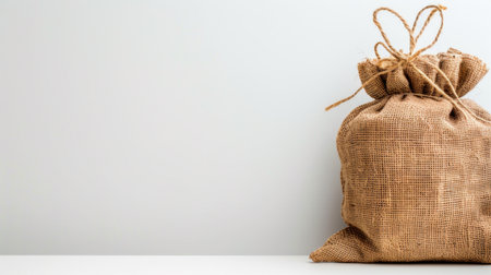 This image features a rustic burlap sack with a drawstring, set against a clean white background. Ideal for storage, decoration, or craft projects.の素材