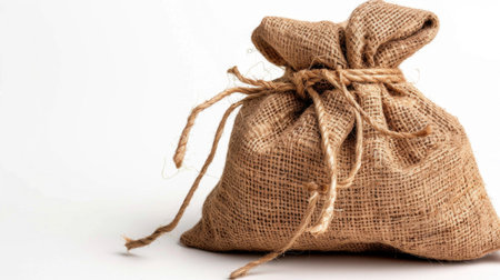 A rustic burlap bag tied with twine is presented on a clean white background. Ideal for packaging, crafting, and decorative uses, this image captures a natural texture.の素材
