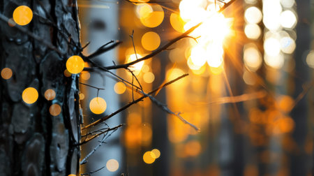 A serene view of sunlight piercing through trees in a forest, creating a beautiful bokeh effect with soft, warm tones. Perfect for nature themes.の素材