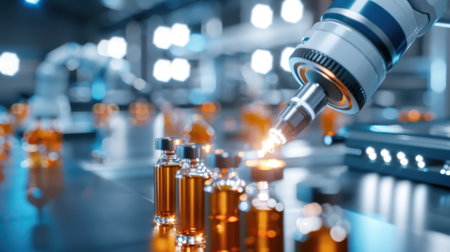 A futuristic laboratory scene showcasing a robotic arm carefully dispensing vaccines into glass vials, emphasizing precision and innovation in medical technology.の素材