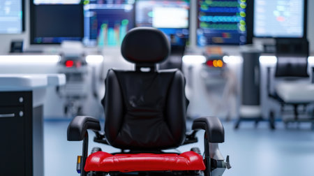 A state-of-the-art medical control room featuring advanced monitors and an ergonomic chair, designed for healthcare professionals to monitor and analyze patient data efficiently.の素材