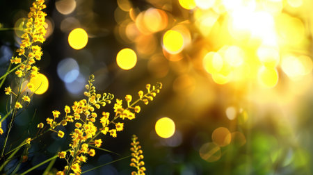 This image captures beautiful yellow flowers illuminated by bright sunlight, set against a soft bokeh background. It reflects the vibrant colors and tranquility of nature.の素材
