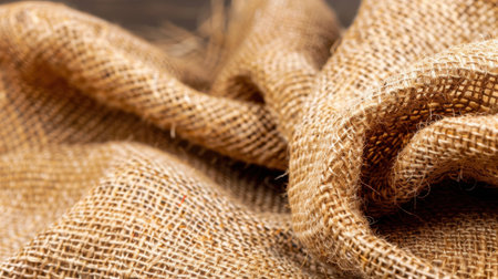 This close-up image captures the detailed texture of natural jute fabric, showcasing its woven pattern and warm earthy tones useful for various craft projects.の素材
