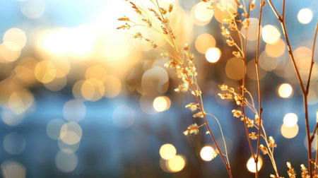 A serene image featuring delicate grasses against a beautifully blurred golden bokeh background. Ideal for conveying tranquility and natural beauty.の素材
