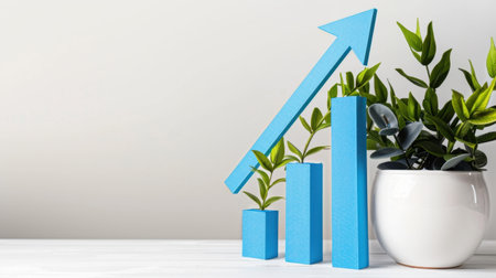 A creative representation of growth featuring blue graph bars and vibrant green plants in a modern office setting. This image symbolizes success and progress.の素材