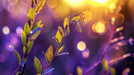 This enchanting image captures delicate plant leaves adorned with dew, illuminated by warm sunlight, creating a vibrant and tranquil outdoor scene.の素材
