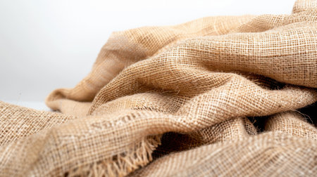 Close-up view of natural beige burlap fabric showcasing soft textures and gentle folds, perfect for rustic themes, crafting projects, and backgrounds.の素材