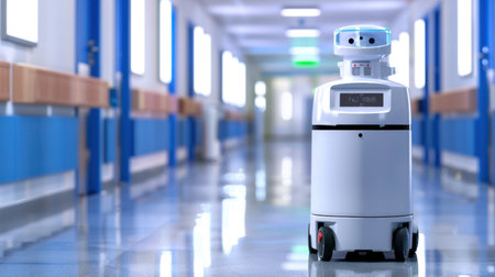 A modern healthcare robot standing in a well-lit hospital corridor, ready to assist with patient care and communication, showcasing advanced technology and efficiency.の素材