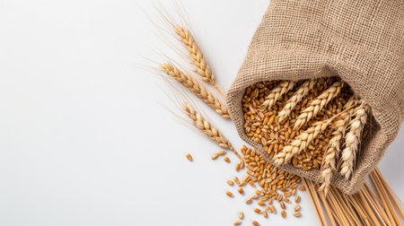 A burlap sack spills golden wheat grains and ear stalks against a clean white background, symbolizing natural agriculture and harvest freshness.の素材