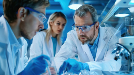 Group of scientists working together in a modern laboratory, focusing on experiments with advanced equipment and precise techniques under blue lighting.の素材