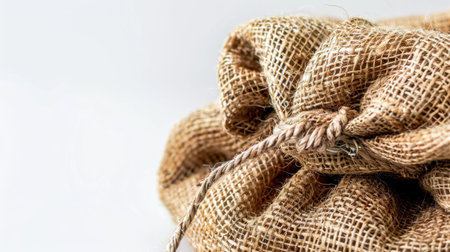 This image features a close-up of a tied jute sack made from natural fibers, showcasing its textured fabric and rustic charm against a bright background.の素材